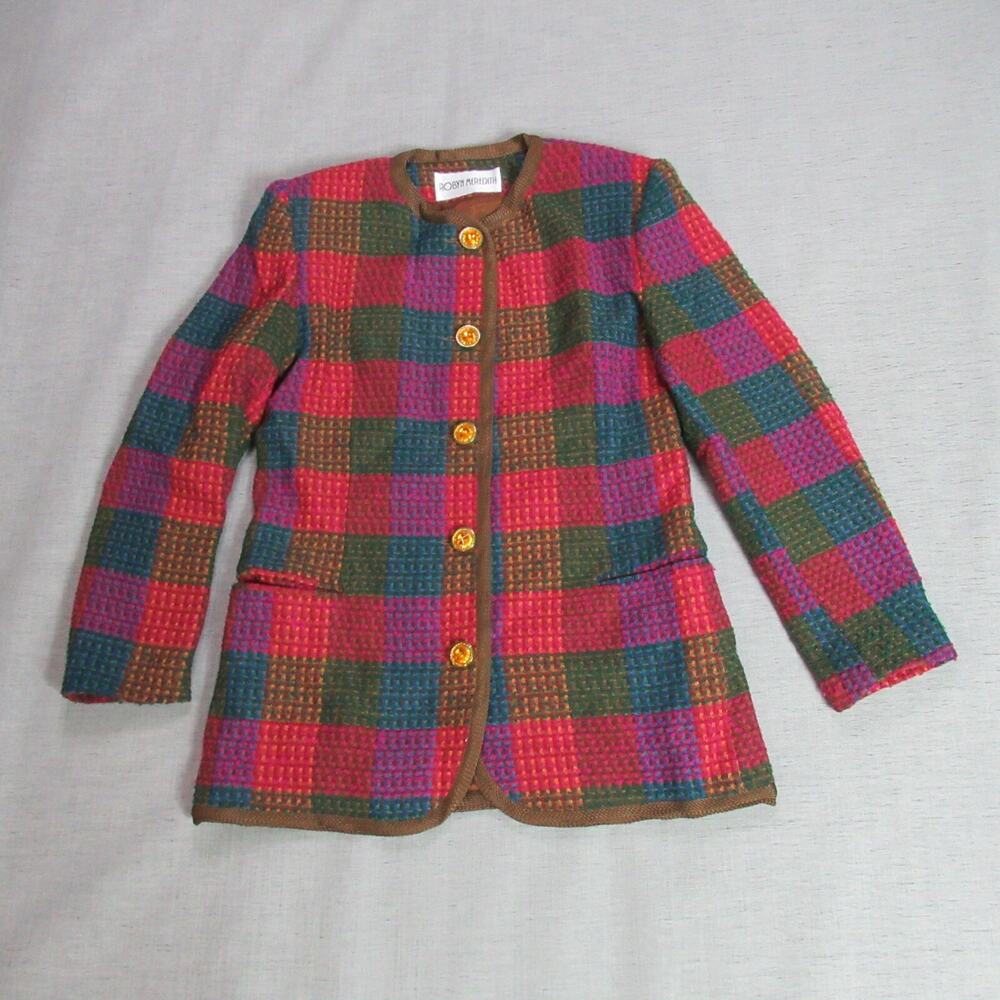 Vtg Robyn Meredith Jacket Women Size 6 Multicolor Woven Plaid Secretary USA Made